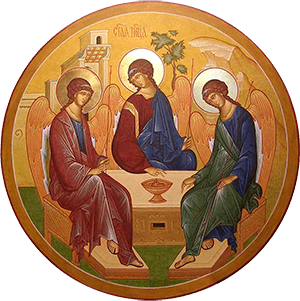 Икона, изображающая Троицу в виде Трех Ангелов, пришедших к праотцу Аврааму. Это эпизод из 18-й главы книги Бытие.